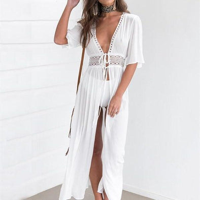 Bandage Openwork Pure Color Maxi Vacation Dresses