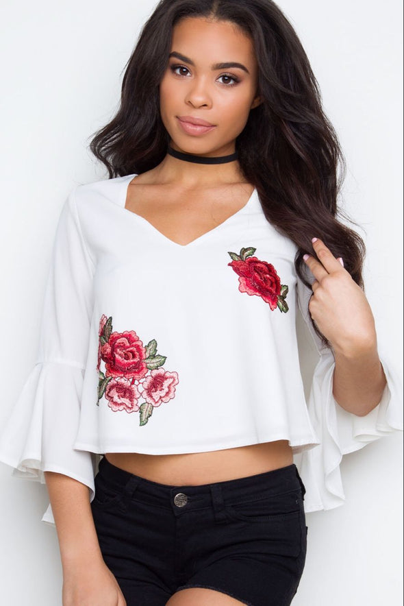 New sexy deep V-neck trumpet sleeve embroidered chiffon shirt