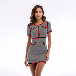 O-neck short sleeve color matching slim pack hip knit dress