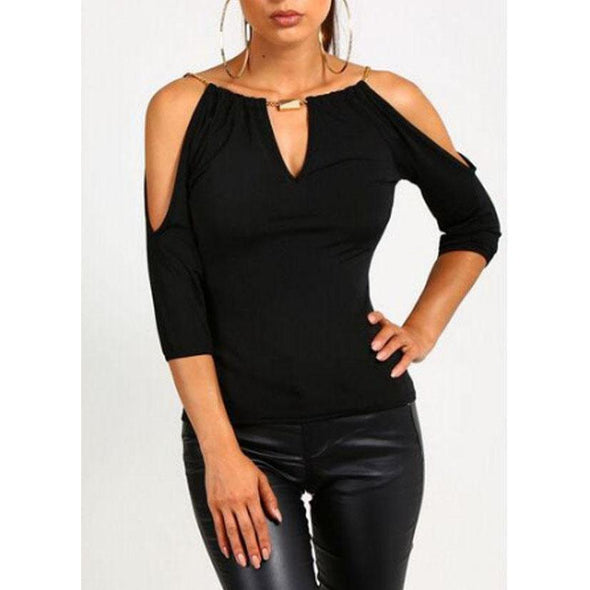 Open Shoulder V Neck Hollow Out Plain T-Shirts