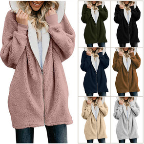 Fashion Solid Hooded Zipper Plush Cardigan Coat