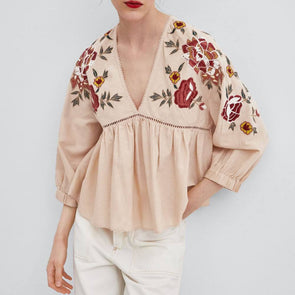 Women's Embroidered Cropped Sleeve Shirt