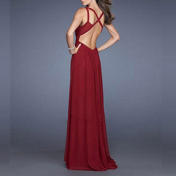 Sexy Spaghetti Straps Back Overlapping Split Sleeveless Evening Dress