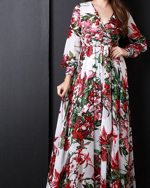 Long Sleeve Printed V-Neck Long Skirt