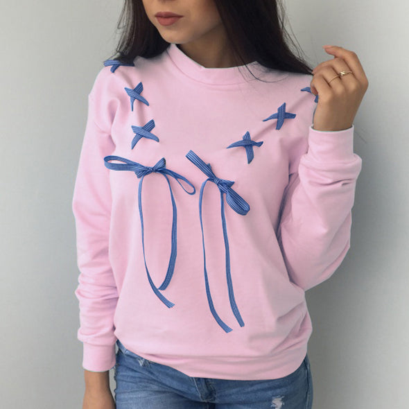 Applique Long Sleeve O-Neck Long-Sleeved Sweatshirt