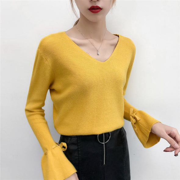 V-Neck Trumpet Sleeve Sweater