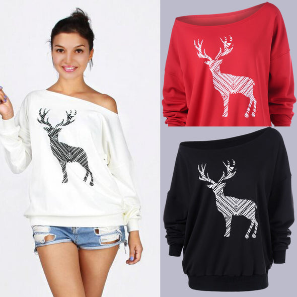 Simple Slash Neck Printed Long Sleeve Sweatshirt