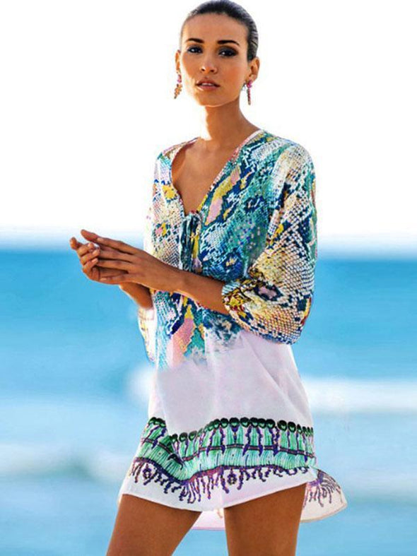 Bandage Print V neck 3/4 Sleeve Mini Vacation Dresses