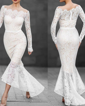 Off Shoulder Transparent Lace Mermaid Evening Dress