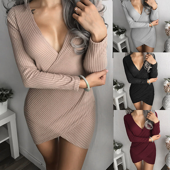 V-neck Cross Bottom Bodycon Dress