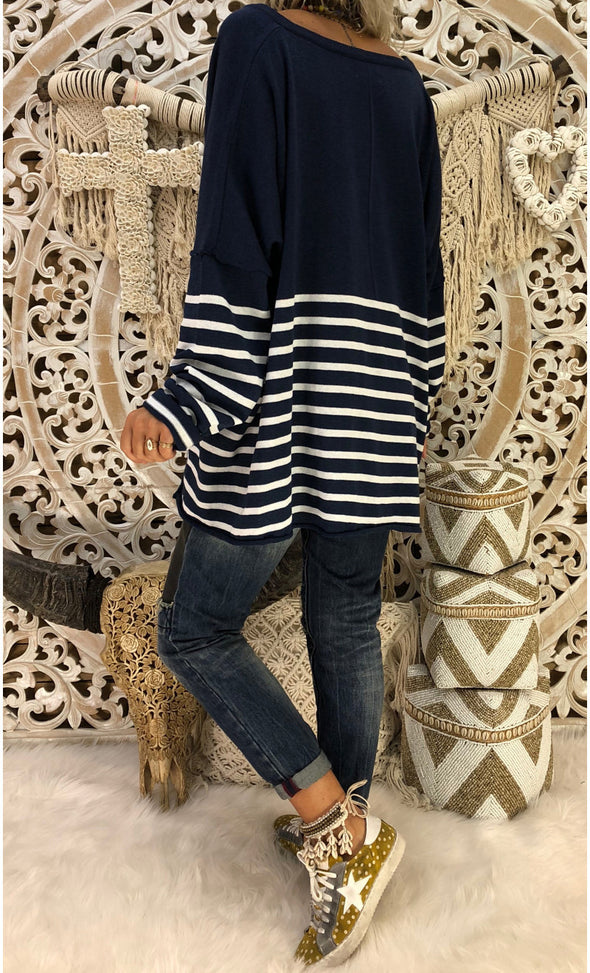 Striped V-Neck Long-Sleeved Sweater