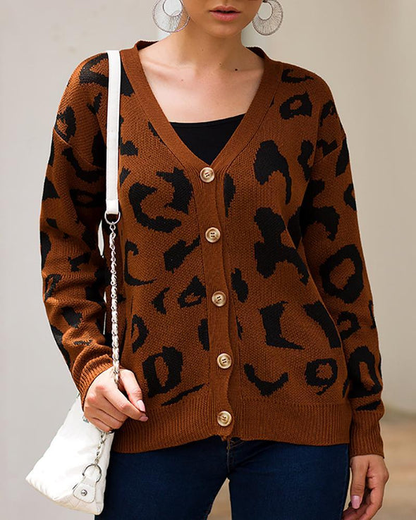 Casual Tricolor Leopard Print Long Sleeve Sweaters