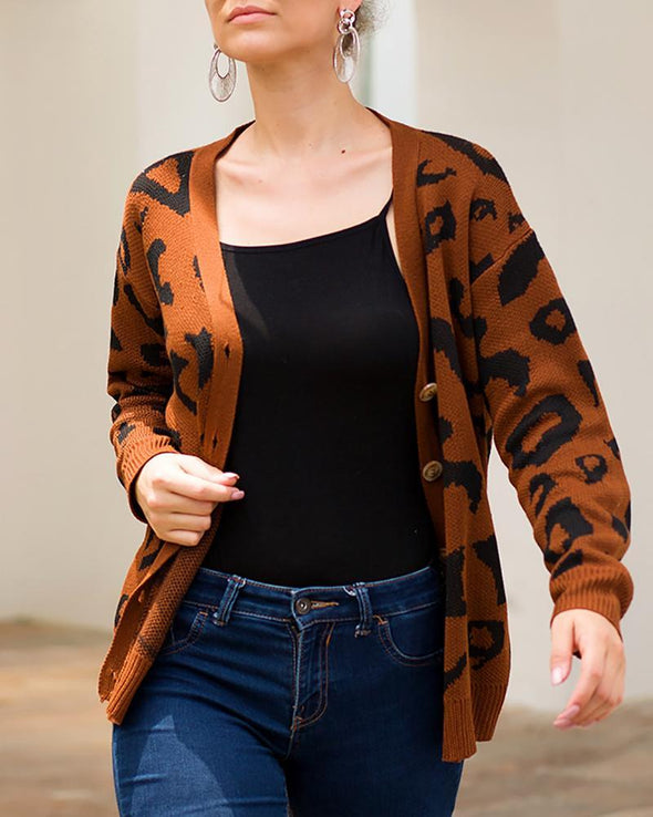 Casual Tricolor Leopard Print Long Sleeve Sweaters