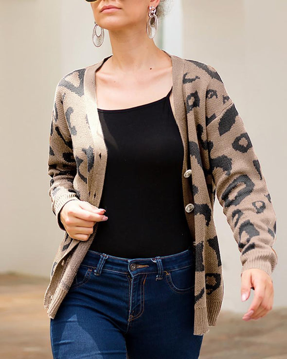 Casual Tricolor Leopard Print Long Sleeve Sweaters