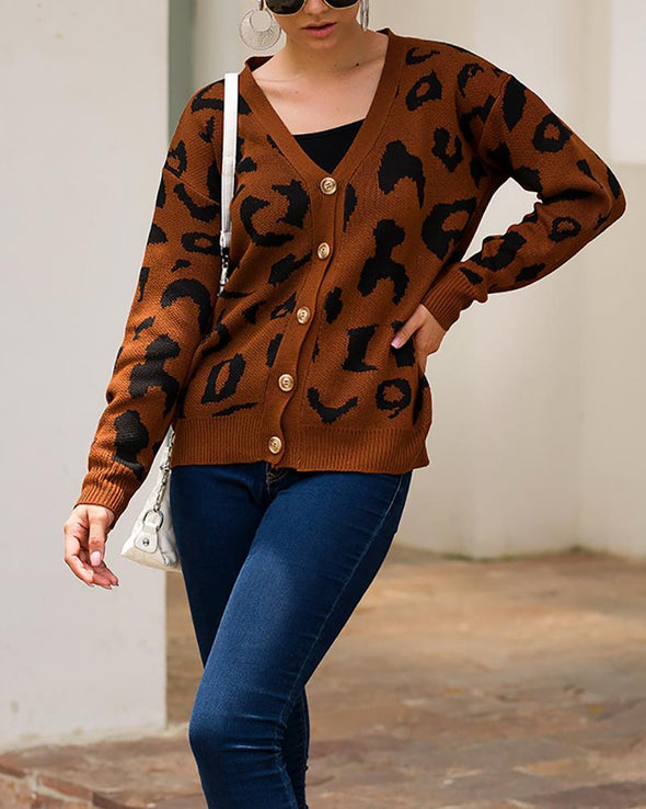 Casual Tricolor Leopard Print Long Sleeve Sweaters