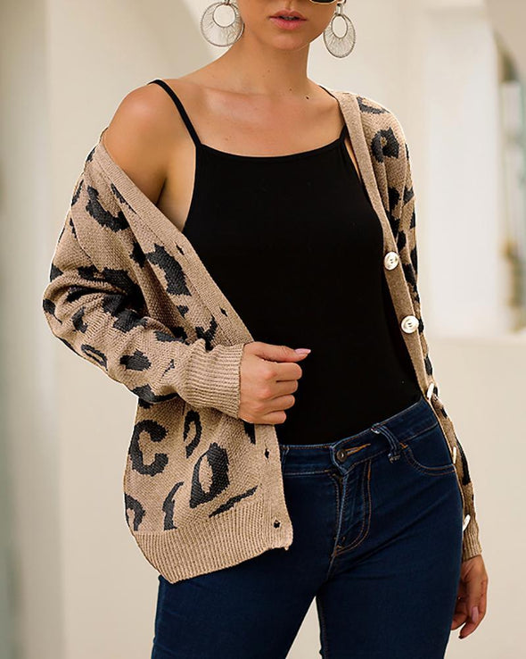 Casual Tricolor Leopard Print Long Sleeve Sweaters