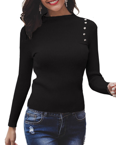 Solid Color Button Pocket Round Neck Long Sleeve Sweater