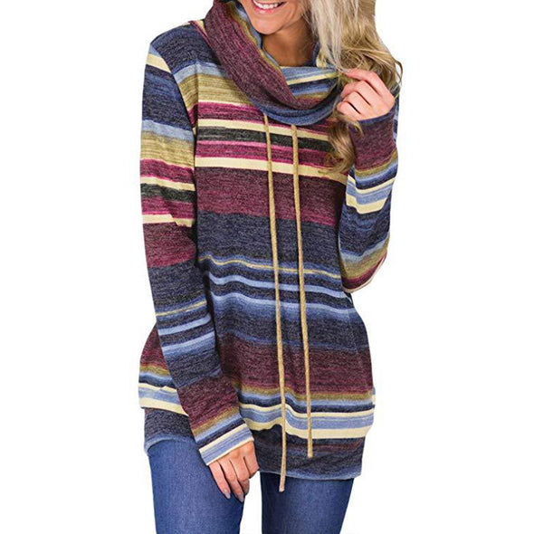 New High Collar Striped Long Sleeve Women's Sweater