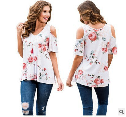 Women's fashion print loose casual strapless T-shirt