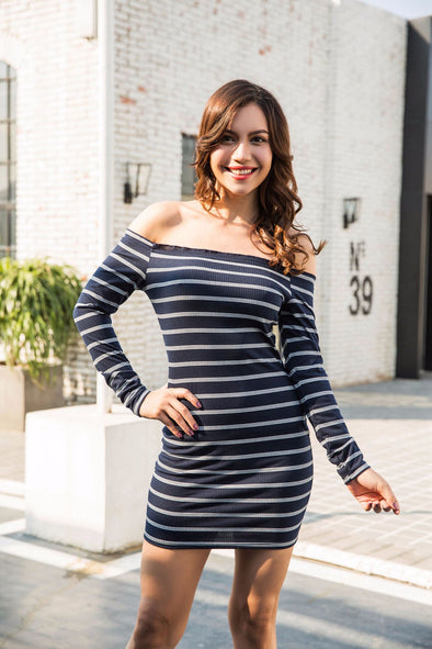 Sexy Stripe Off Shoulder Long Sleeve Slim Bodycon Dress