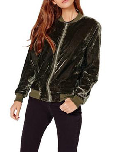 Fashion Zip Stand Collar Silk Velvet Short Jacket