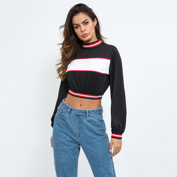 Women's stitching contrast color navel long-sleeved slim sweater