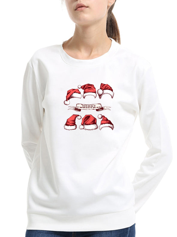 Christmas Hat Printed Long-Sleeved O-Neck Sweater