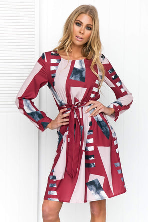 New Geometry Color Matching Printed Long Sleeve  Dress