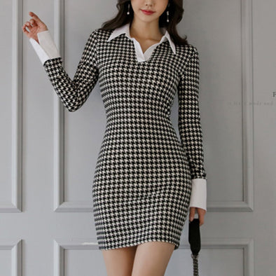 Shirt Collar Splicing Slim Houndstooth Bodycon Dress