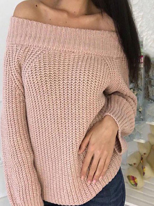 Round Neck Long Sleeve Pull Over Off-Shoulder Knit Sweater