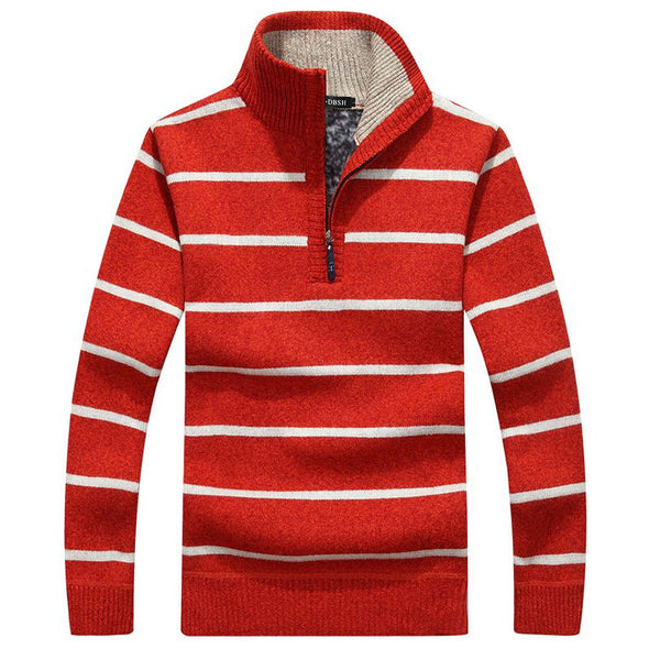 Fashion Stand Collar Striped Zipper Pullover Plus Velvet Sweater