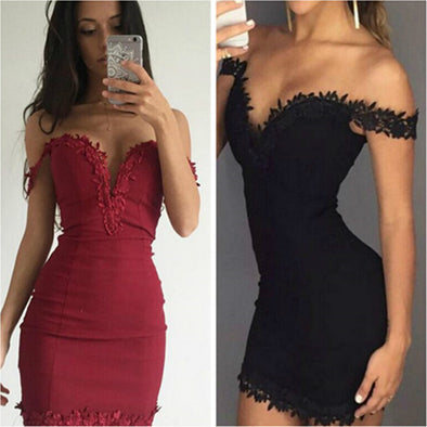 Sexy Deep V-Neck Lace Slim Sling Collapsed Shoulder Bodycon Dress