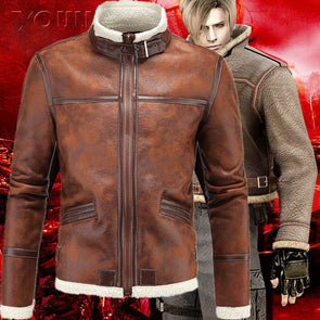 Men's One-piece Thick Stand Collar Leather Jacket