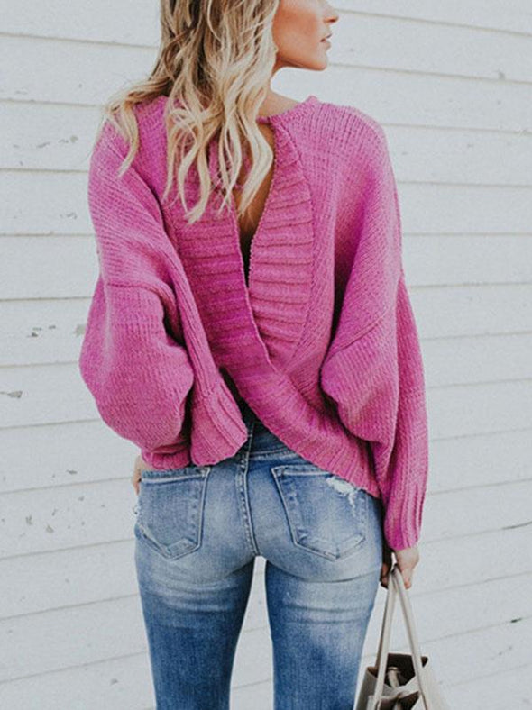 Knit Back Cross Strap Backless Sweater