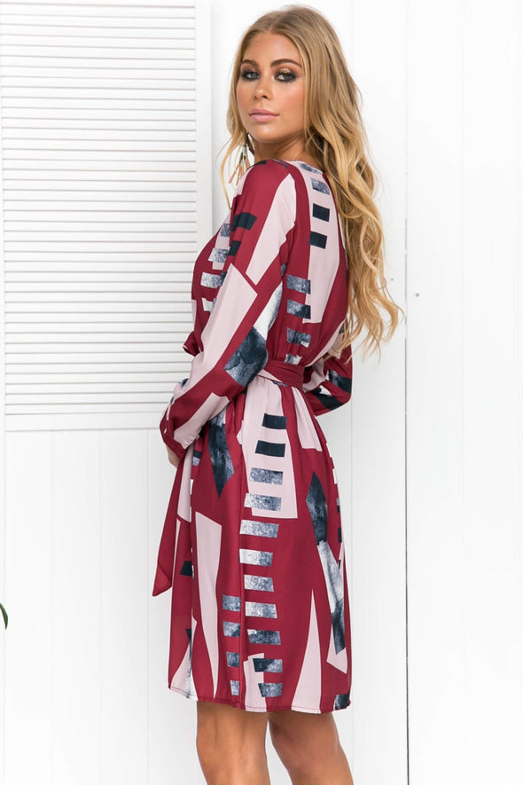 New Geometry Color Matching Printed Long Sleeve  Dress