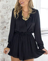 Fashion Solid V-Neck Long Sleeve Belt Dress