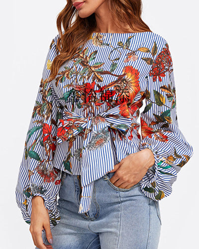 Women's printed one-shoulder long-sleeved shirt