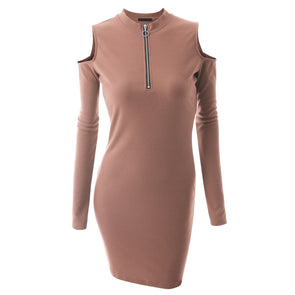 Solid Color Long-Sleeved Off-Shoulder Zip-Knit Dress