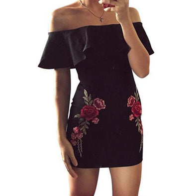 Sexy Off Shoulder Flouncing Embroidery Bodycon Dress