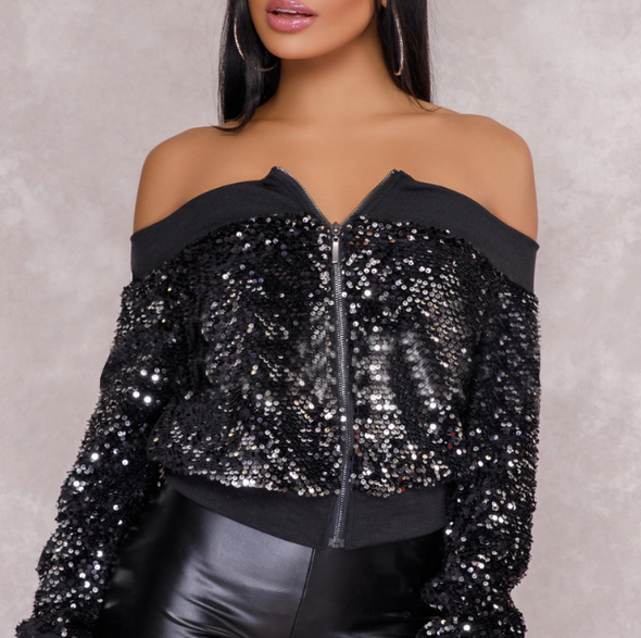 Sexy Off-shoulder Sequined Zipper Jacket