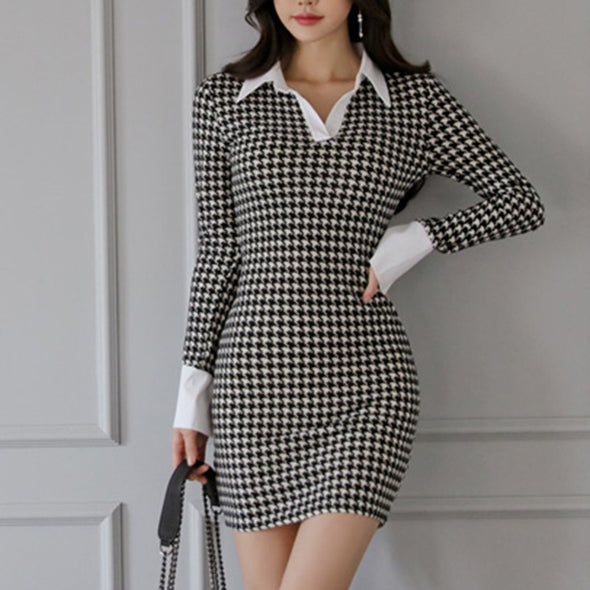 Shirt Collar Splicing Slim Houndstooth Bodycon Dress