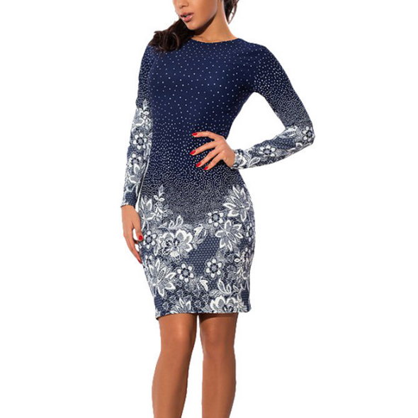 Gradient Digital Print Round Neck Long Sleeve Slim Bodycon Dress