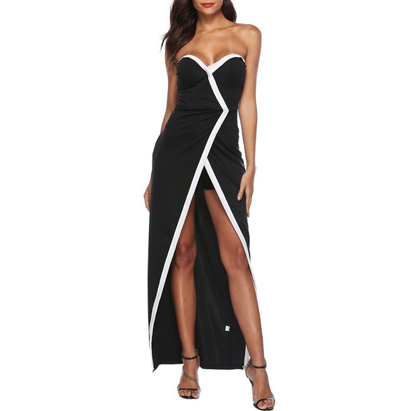 Sexy Split Stitching V Collar Sleeveless Long Evening Dress