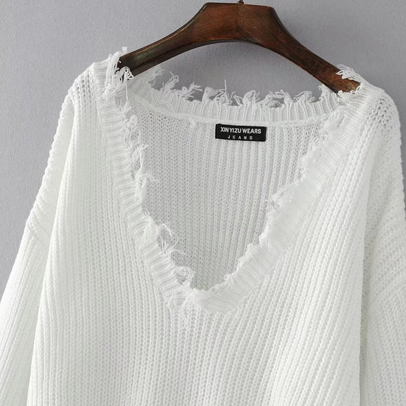 Fashion V-Neck Backless Tassel irregular Knitting Sweater