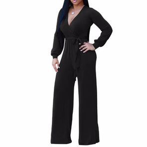 Casual Long Sleeve Solid Color V-neck Jumpsuits