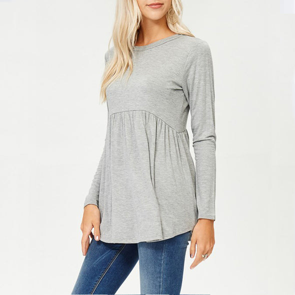 Sexy long-sleeved round neck stitching solid color T-shirt