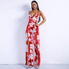 Sexy Spring And Summer Deep V Ruff  Halter Off Shoulder Flower Print Two Split Jumpsuits Backless Playsuits