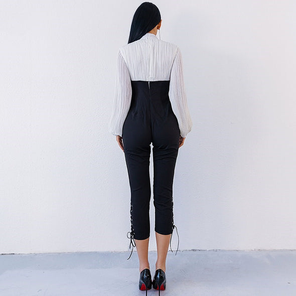 High-neck long-sleeved contrast pleated straps casual jumpsuit