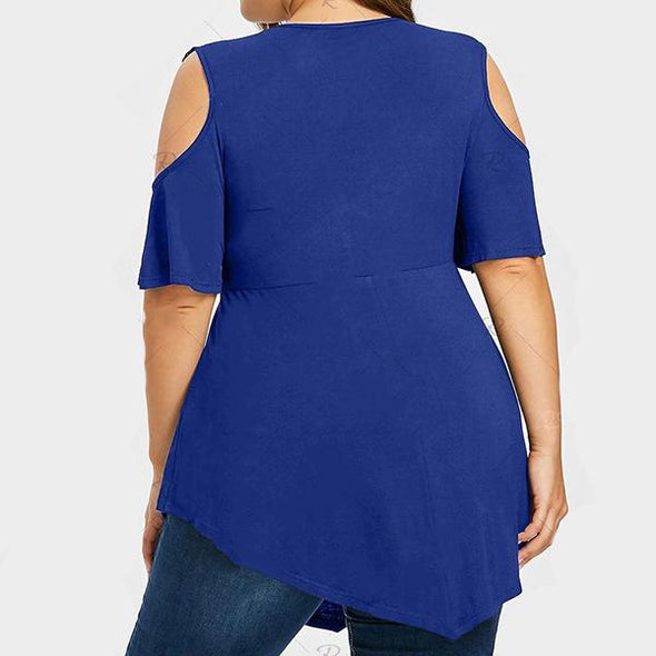 Casual Short Sleeve cold shoulder round neck openwork Plus Size Tops