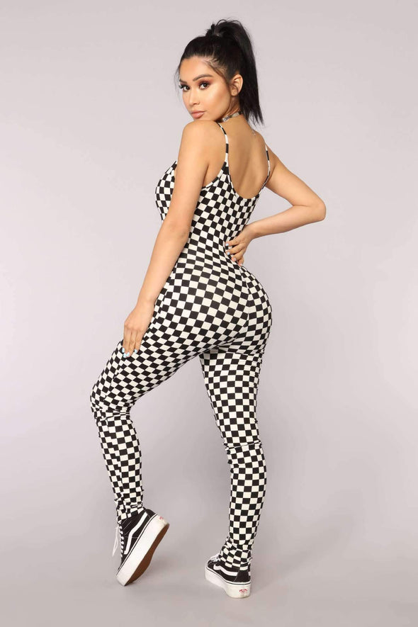 Casual Sleeveless Round Neck Check Jumpsuits